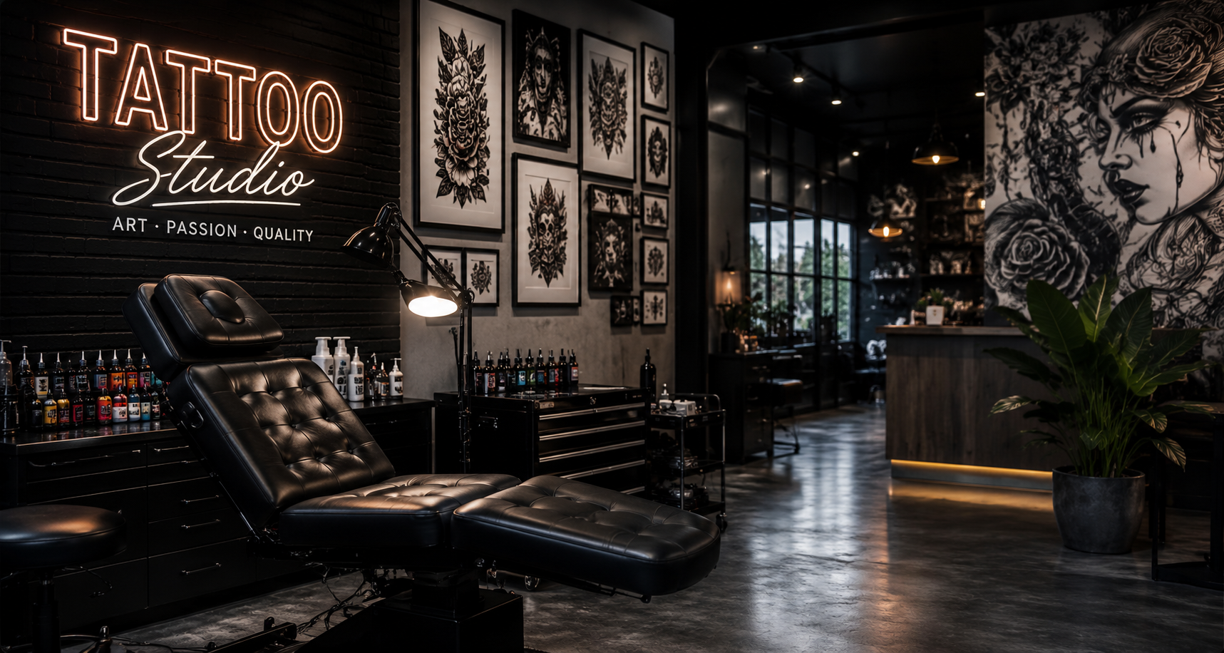 Moderne Tattoo Studio Webseite in dunklem Design